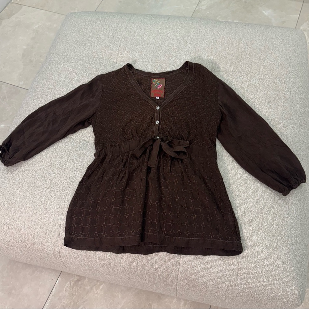 Johnny Was Brown Embroidered Rayon Blouse Top -Size Small